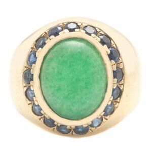 5.00 Carat Natural Jade and Sapphire in 14K Solid Yellow Gold Women Ring